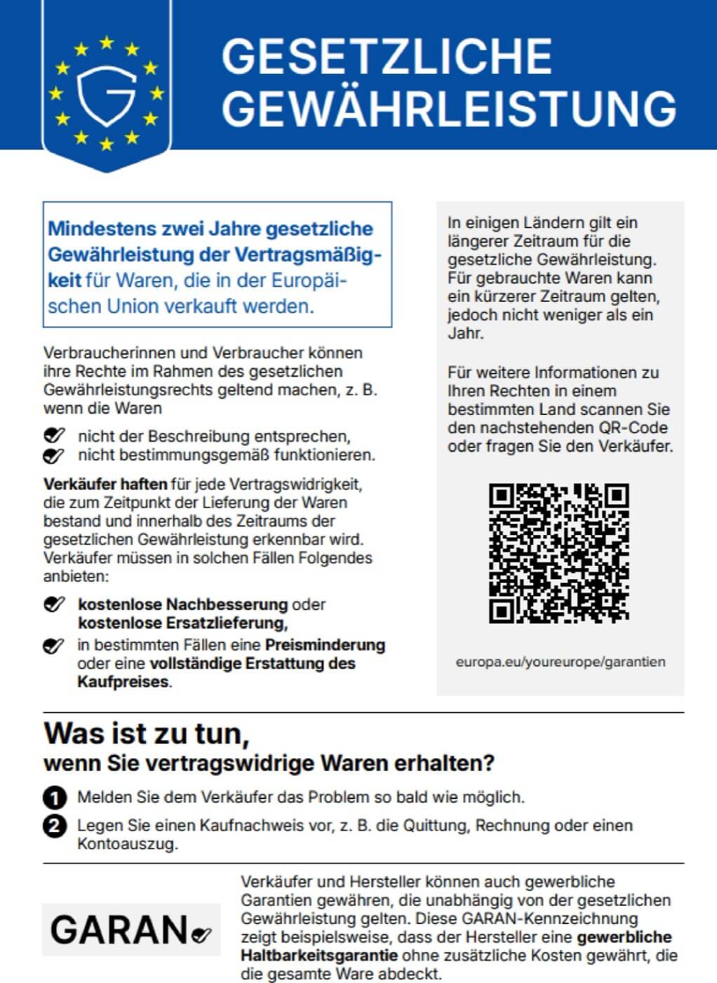 Gesetzliche Gewährleistung – harmonisierte Mitteilung der EU